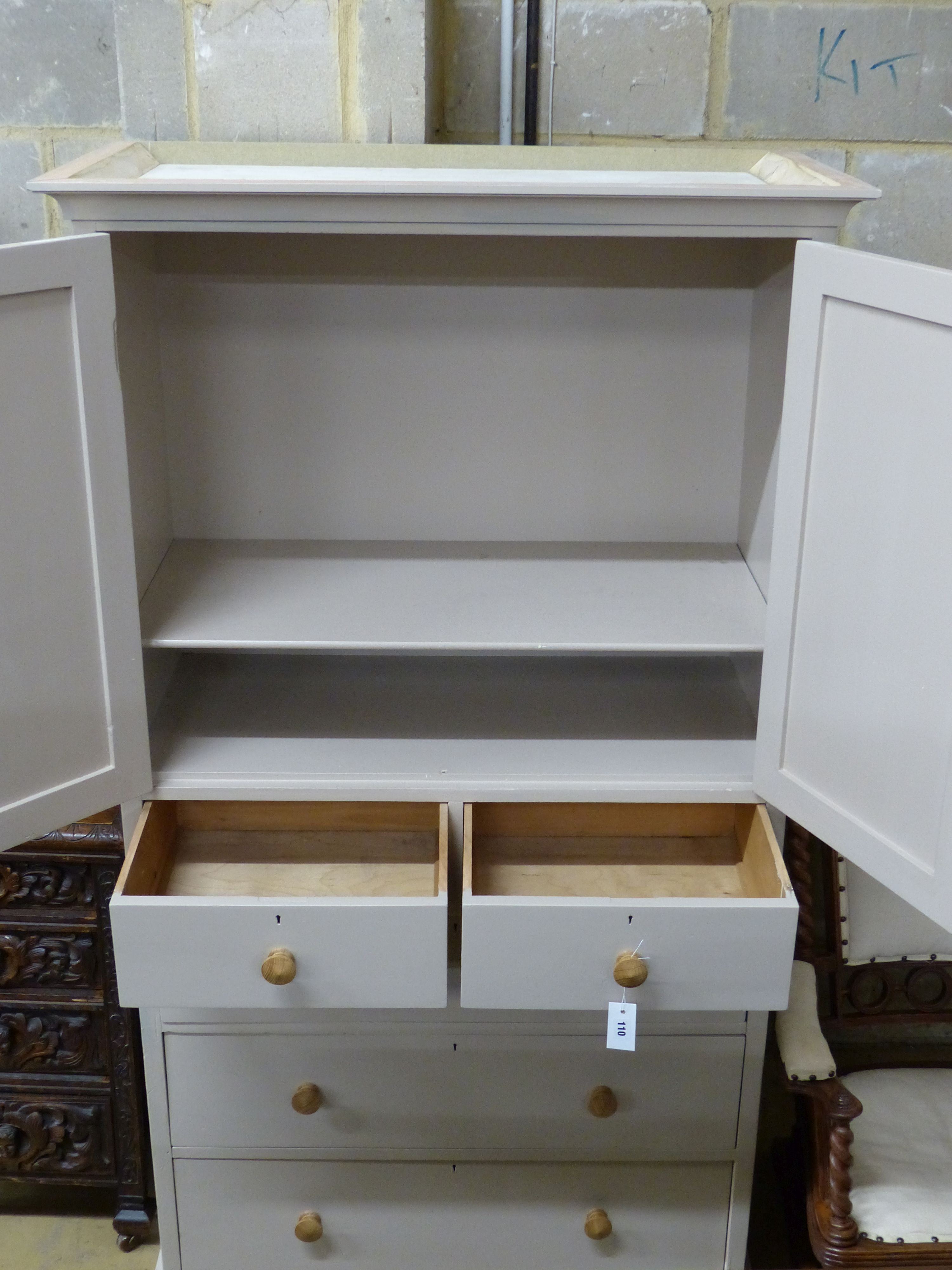 A painted pine press cupboard, width 100cm